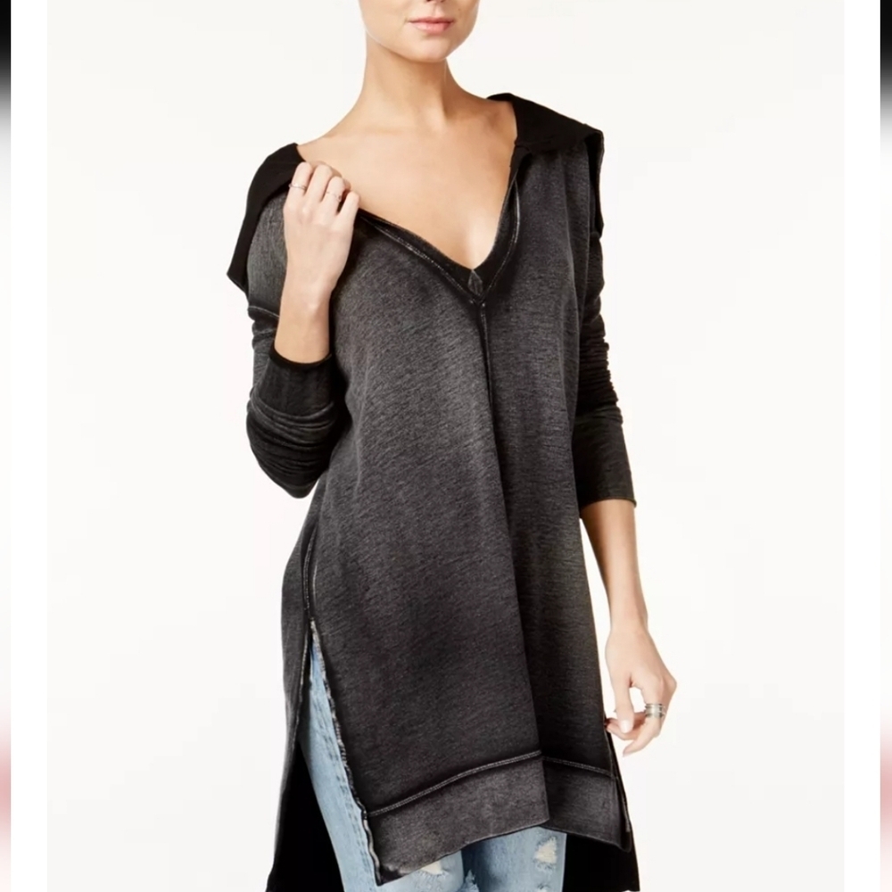 Free People Queen of Hearts Hoodie Tunic Women's Size Small Black Washed Out